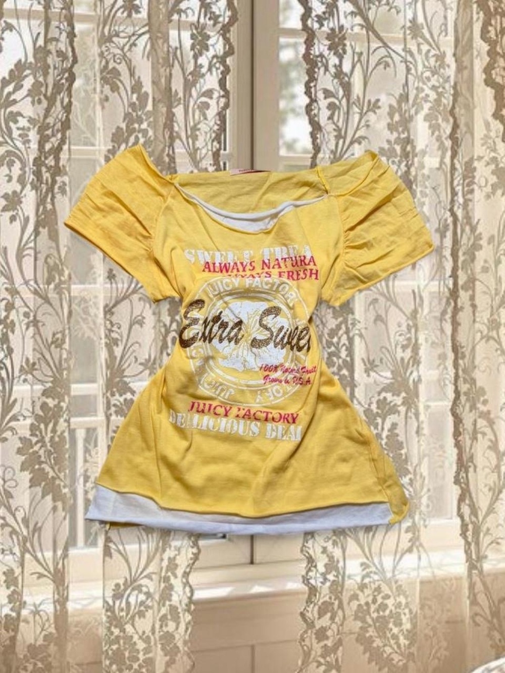 Vintage Y2K Deadstock Yellow Graphic Embellished Multi-layered Short Sleeve Top